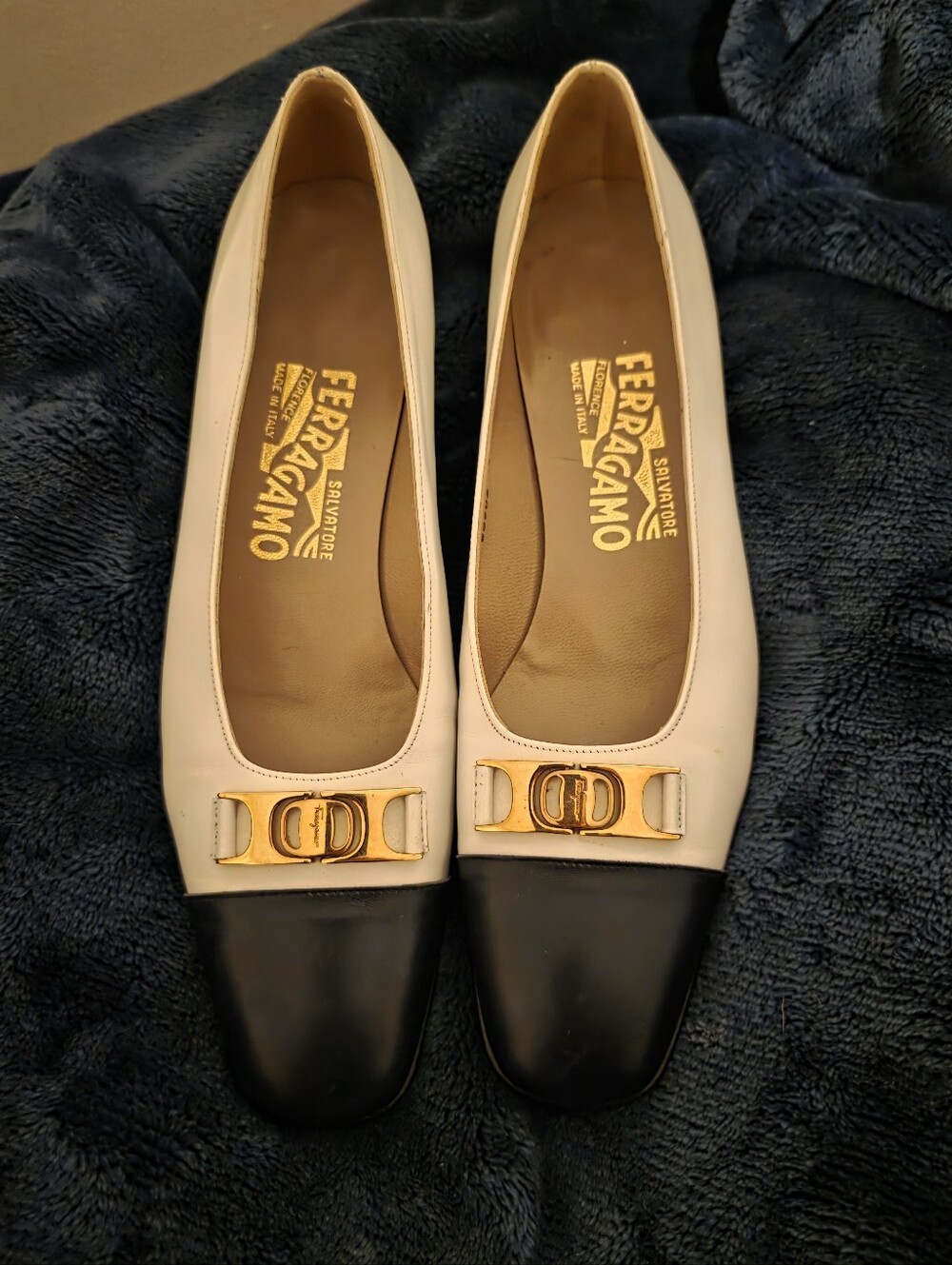 Salvatore Ferragamo Two-Tone Leather Flats in Cream and Black with Gold Hardware